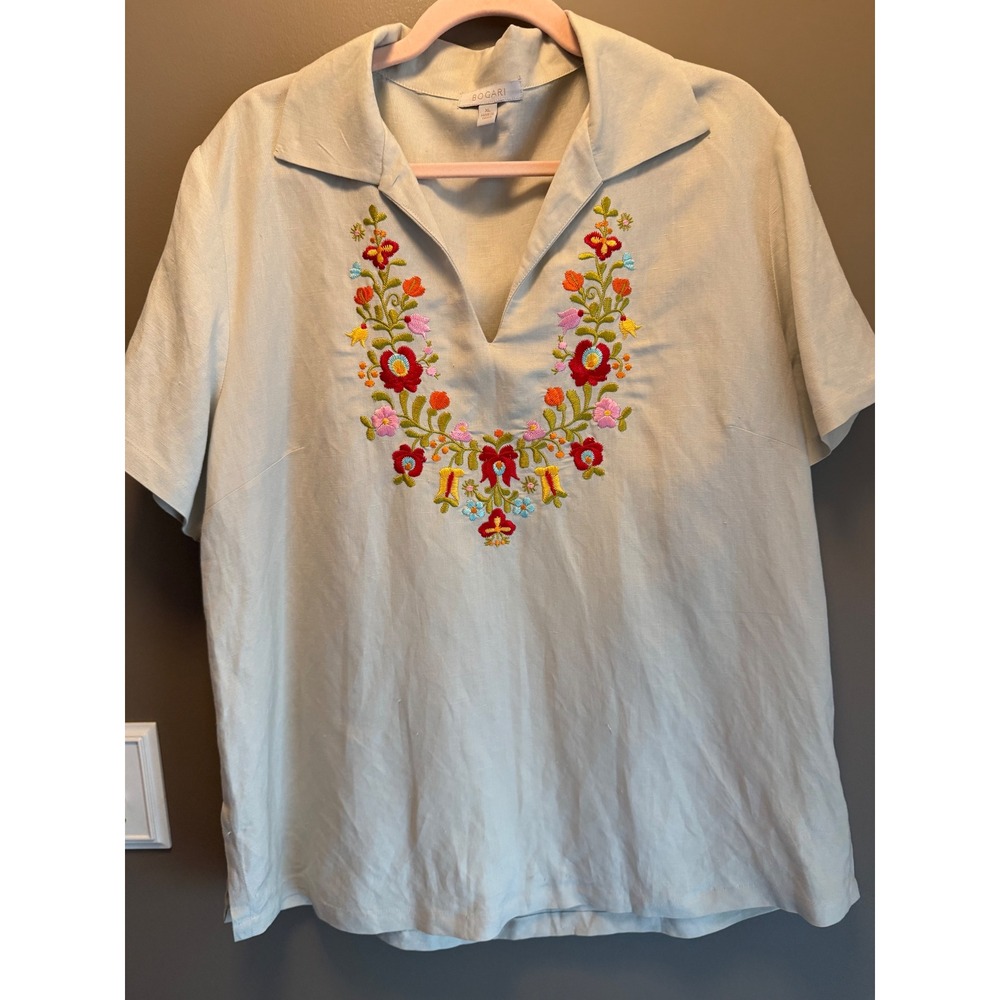 Bogari Vintage Floral Embroidered Linen Blend Side Zip Blouse Beige XL Short Slv